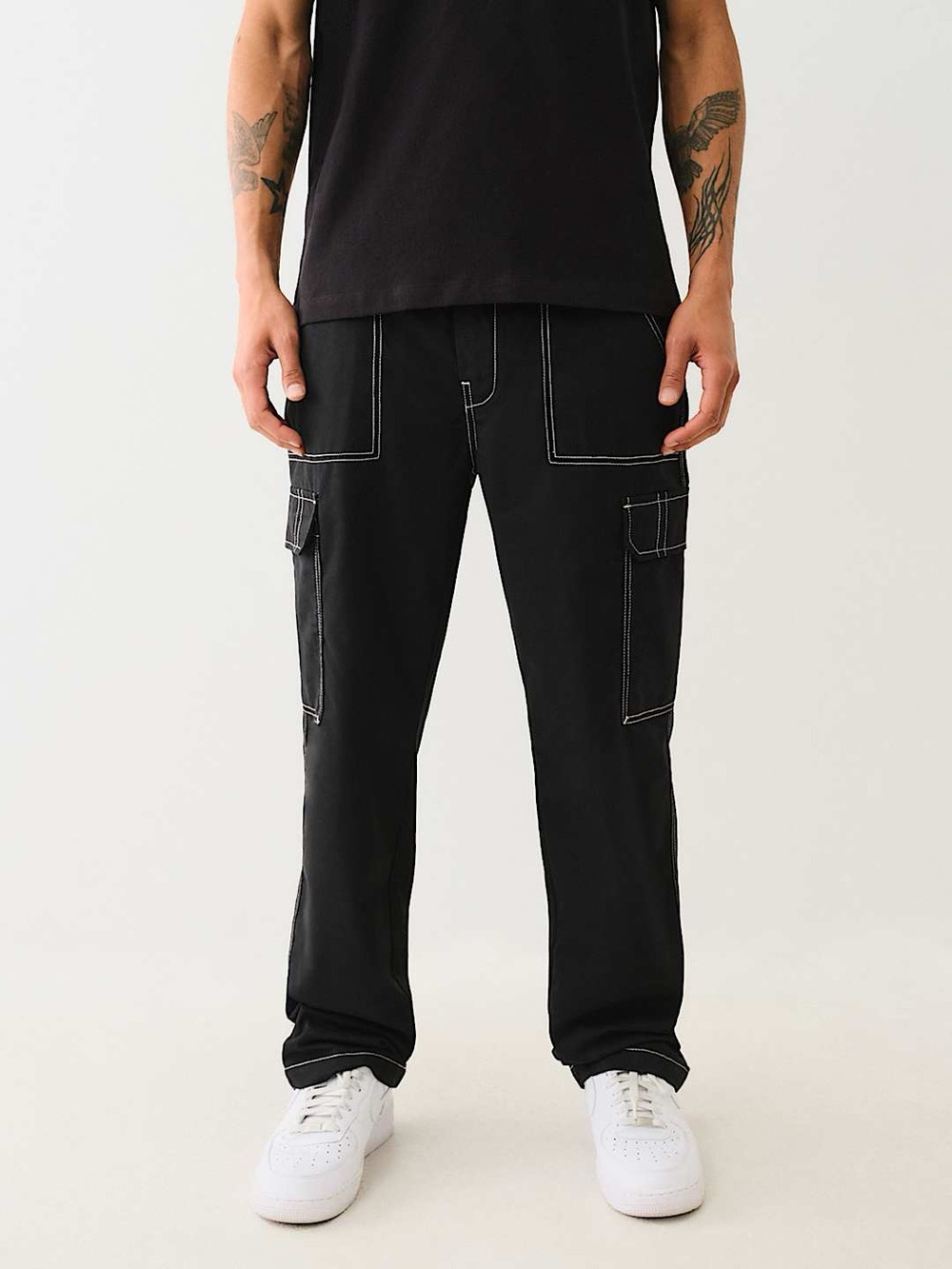 True Religion Bobby Baggy Black Cargo Pants with White Contrast Stitching 32x30